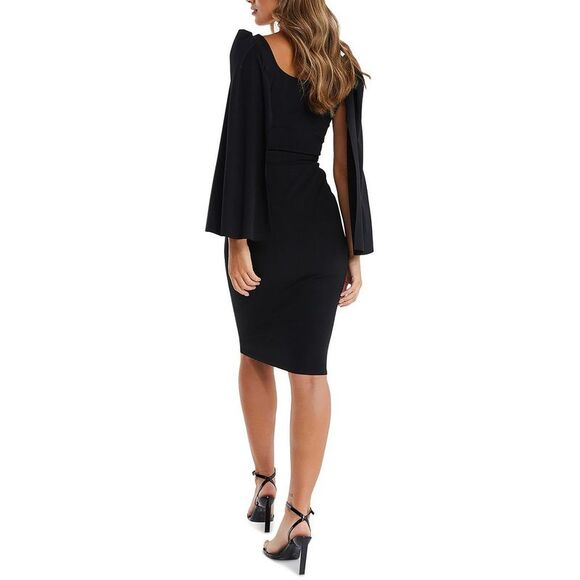 Quiz Womens Black Square Neck Midi Cape Sleeve Sheath Dress Imperfections - Picture 2 of 3